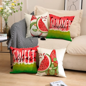 Linen watermelon gnome pillow cases displayed on a cozy sofa in a summer-themed room