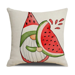 Macro detail of watermelon gnome print on natural linen square throw pillow cover