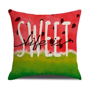 Detail of linen texture pillowcase with Life is SWEET watermelon gnome print