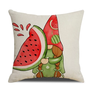 Detailed macro view of linen texture and summer watermelon gnome print on a cushion cover