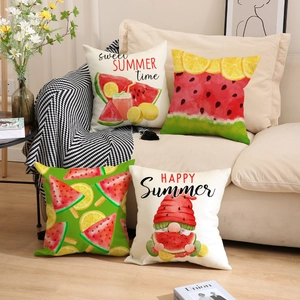 Detailed texture of linen summer pillows featuring watercolor watermelon and gnome prints
