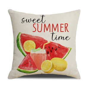 Detail of linen pillowcase with watercolor watermelon and lemon summer themed print