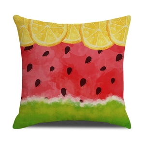Macro texture of linen pillowcase featuring a watercolor watermelon and lemon print