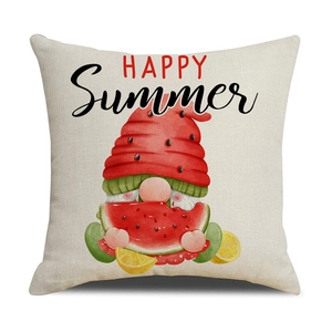 Detail of linen cushion cover showing gnome with watermelon and Happy Summer text