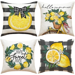 Lemon Print Cotton Linen Pillow Covers Summer Decorative Square Cushion Cases Sofa Couch Home Decor Stripe Plaid Pattern