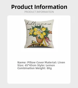 Detailed product card for a 45x45cm linen pillow cover with summer lemon patterns