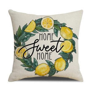 Classic square cotton linen pillow with lemon wreath and Home Sweet Home print