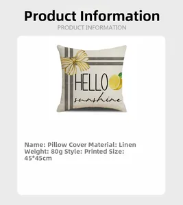 Fodera per cuscino in lino con stampa limone e scritta HELLO sunshine, 45x45cm