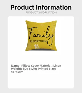 Détail de la taie d'oreiller en lin jaune 45x45cm avec imprimé Family Is Everything et 80g