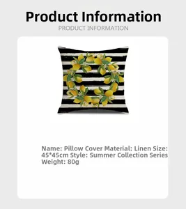 Linen pillow cover details showing 45x45cm size and summer lemon wreath stripe design