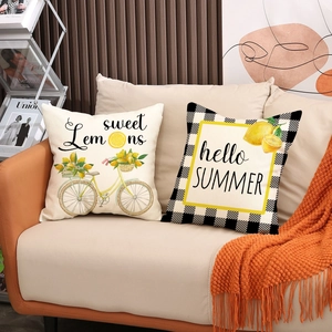 Linen decorative throw pillow covers with lemon and vintage bicycle prints for sofa