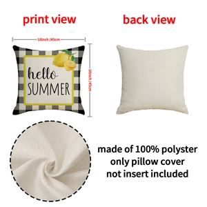 Linen style summer pillowcase with lemon patterns and hello SUMMER text 18x18 inch