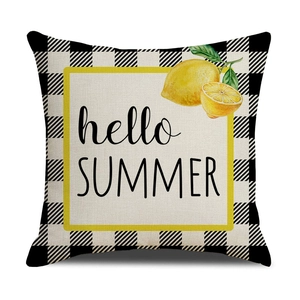 Detailed close-up of summer lemon throw pillow cover with buffalo plaid border and linen texture