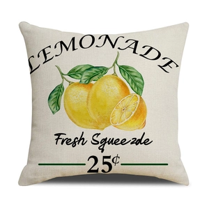 Macro detail of breathable linen pillowcase with vintage lemon and lemonade print design