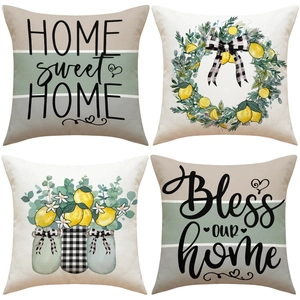 Square Cushion Cover Linen Lemon Floral Print Farmhouse Style Home Sweet Home Lettering Decorative Pillowcase For Sofa Couch