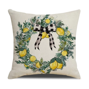 Minimalist square linen throw pillow cover with a summer lemon wreath and bow print