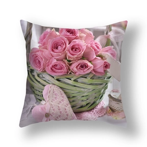 Square cushion cover with pink roses and lace heart print on white background