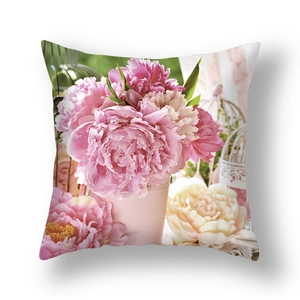 Detailed pink peony floral print on a square pillowcase with romantic garden style