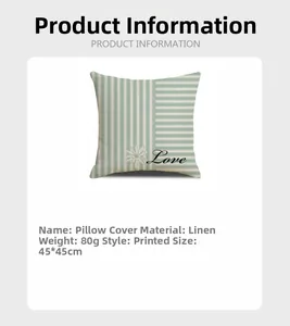 Detail view of linen daisy pillowcase with Love print and striped design 45x45cm