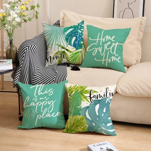 Set of 4 tropical plant leaf cushion covers with Home Sweet Home quotes on linen fabric