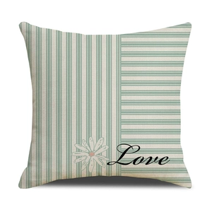 Linen daisy throw pillow case with green stripes and Love script for sofa decor