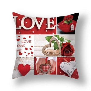 Detail view of the square pillowcase showing romantic LOVE lettering and rose prints