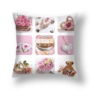 Detail of square pillowcase with floral LOVE collage and romantic pink rose pattern