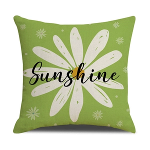 Detail of linen texture on green daisy pillow case with Sunshine text print