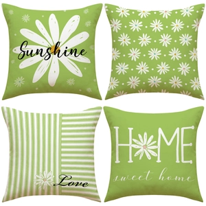 Set of four daisy floral linen pillow covers featuring Sunshine and Home text patterns