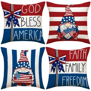 Independence Day Decorative Pillow Covers Patriotic Gnome American Flag Red White Blue Linen Texture Cushion Cases