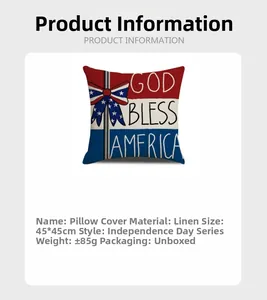 Close-up of God Bless America linen pillow case with 45x45cm size and fabric details
