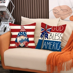 Set of 2 American Independence Day pillow covers with God Bless America text and gnome