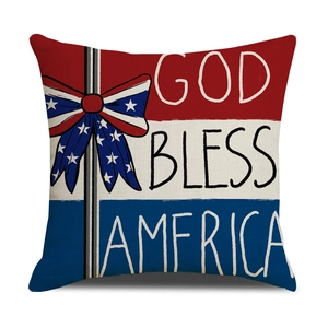 Detail of God Bless America pillow cover with red blue patterns and bow tie design