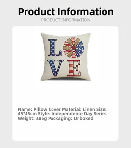 Detail of 45x45cm linen LOVE pillowcase with American flag elements and specifications
