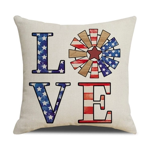 Detail of LOVE letter print pillow cover with American flag pattern on linen fabric