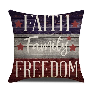 Detail of American theme pillow cover showing linen texture and FAITH Family FREEDOM print
