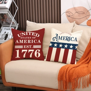 Set of two American Independence Day linen pillow covers with red and blue stripe patterns