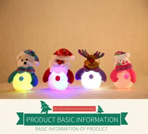 Close-up of four glowing Christmas ornaments featuring Santa, reindeer, and snowman figures