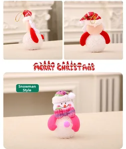Close-up of glowing EVA snowman and Santa ornaments with knitted hats and scarves