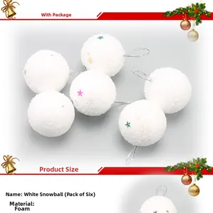 Close-up of 4cm white foam snowballs with colorful star sequins and silver hanging strings