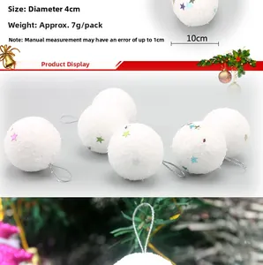 Detail of 4cm white Christmas snowballs with colorful star sequins and silver hanging cords