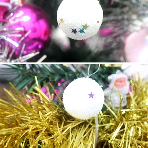 Detail of 4cm white snow Christmas ball with colorful star sequins and hanging loop