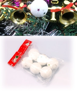 Detail of 6-pack 4cm white Christmas snowballs with colorful star sequins and hanging strings