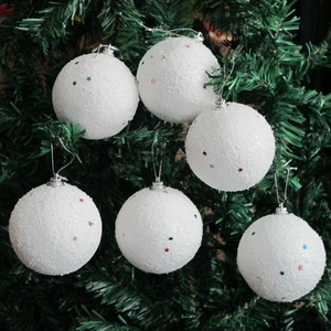 Detail of 4cm white snowballs with colorful star sequins hanging on a Christmas tree