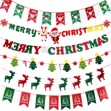 Detail of a 6-piece Christmas banner set featuring Santa, reindeer, and Merry Christmas text