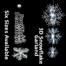 Detailed set of 3D and flat white crystalline snowflakes for Christmas tree decoration