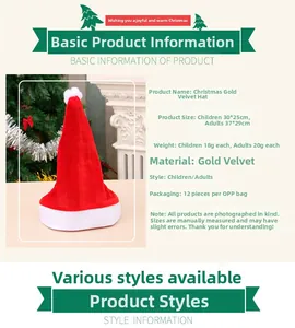Detailed size specifications for adult and child velvet Santa hats in a red and white design
