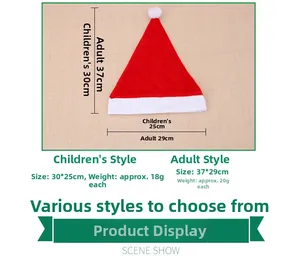 Detailed size chart showing dimensions for adult and kids velvet Santa hats