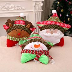 Close-up of plush star-shaped Christmas ornaments featuring Santa, reindeer and snowman