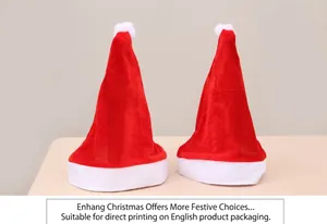 Classic red plush Santa hats shown against a festive Christmas tree and fireplace